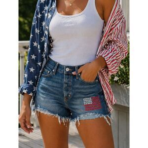 Old Navy High Rise O.G. Straight Denim Jean Shorts USA Flag Distressed Sz 10